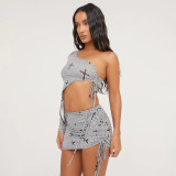 Women's lace up hollowed out navel cross printed short skirt two-piece set