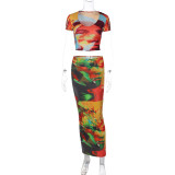 Fashionable printed short sleeved shirt with exposed navel, slim fitting fabric, half length skirt set
