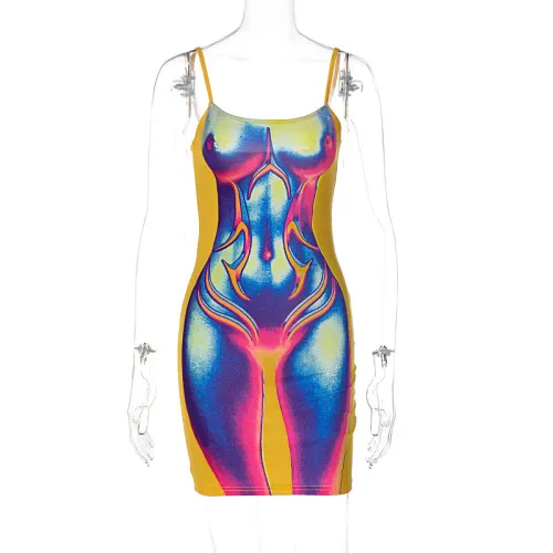 Fashionable printed sexy backless slim fitting suspender dress