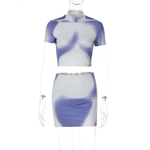 Printed navel exposed short sleeved top, slim fitting short skirt set