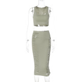 Fashionable hollowed out navel vest slim fitting skirt set
