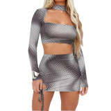 Open navel hollow lace up sexy long sleeved short skirt two-piece set