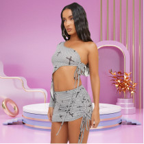 Women's lace up hollowed out navel cross printed short skirt two-piece set