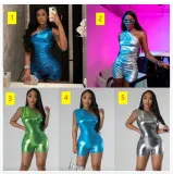 Diagonal shoulder pleated sexy hollow tight metal jumpsuit