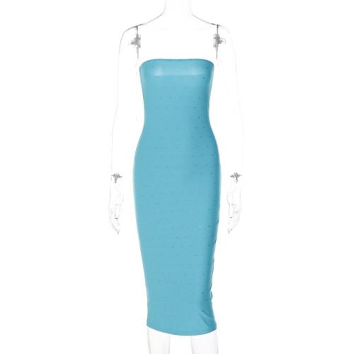 Solid Color Temperament One Line Neck Midskirt Slim Fit Iron Diamond Dress