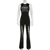 Retro printed sleeveless pin stitching micro flared jumpsuit design for a slim fit pants