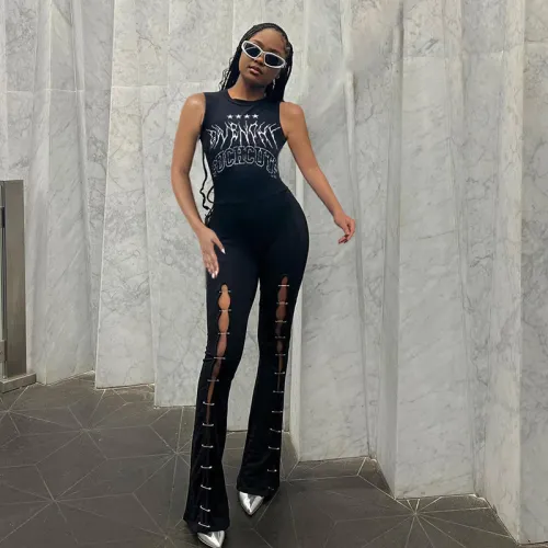 Retro printed sleeveless pin stitching micro flared jumpsuit design for a slim fit pants