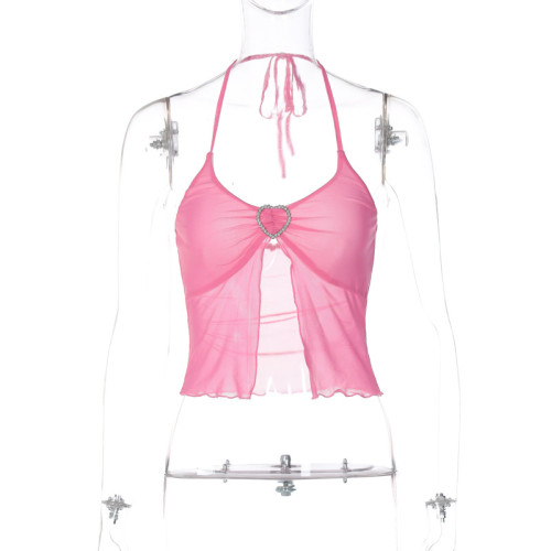 Sexy pink mesh patchwork chest wrap and neck hanging vest