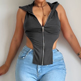 Lace up backless sexy solid color zipper panel hooded T-shirt vest top