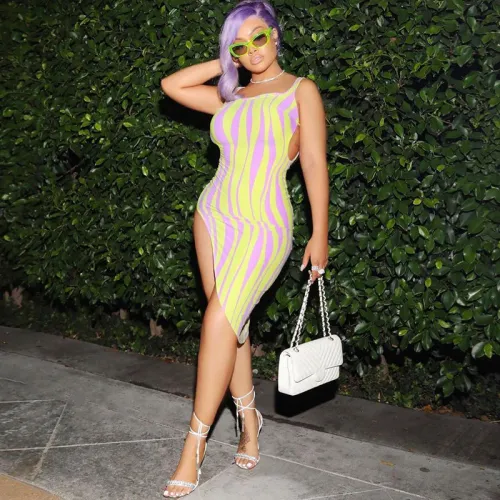 Vertical Stripe Printed Irregular Hem Hollow Out Sexy Strap Dress