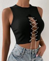 Rib exposed navel small tank top for women with round neck, hollowed out rhinestone straps, sexy sleeveless short top