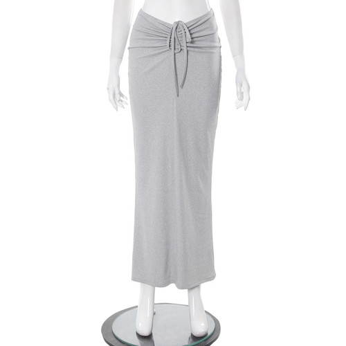 Solid casual pleated drawstring tie high waisted slim fitting long skirt