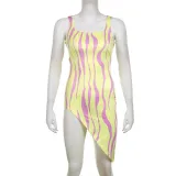 Vertical Stripe Printed Irregular Hem Hollow Out Sexy Strap Dress