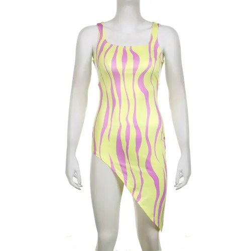 Vertical Stripe Printed Irregular Hem Hollow Out Sexy Strap Dress