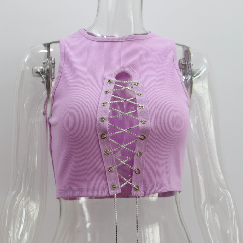 Rib exposed navel small tank top for women with round neck, hollowed out rhinestone straps, sexy sleeveless short top