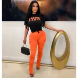 Pleated Split Pants, Terry Letter Fashion Two Piece Set