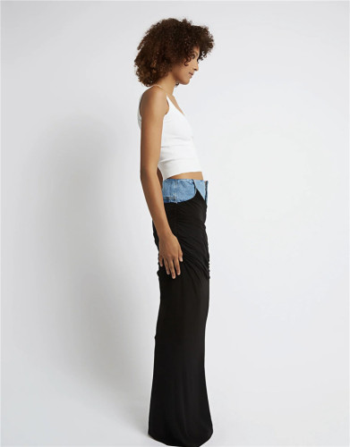 Long denim skirt with black pleated stitching design