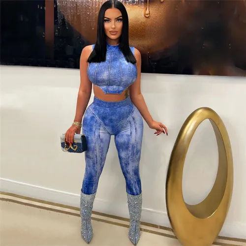Women's Sexy Printed Slim Fit Open Umbilical Top High Waist Wrapped Hip Pants Set