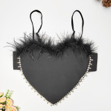 Sexy Spicy Girl Heart shaped Belly Pocket Small Tank Top Large Open Back Beaded Bra Loose Strap Spliced Feather Wrap Chest