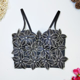 Stereoscopic flower inlaid diamond shaped bra with fishbone top and short fragrant suspender vest