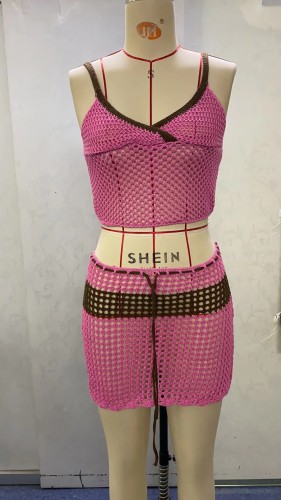 Women's V-neck sleeveless open navel vest sexy perspective short skirt two-piece set