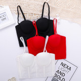 Large suspender vest without underwear Spicy girl top Women's short open belly button sexy fishbone bra solid color