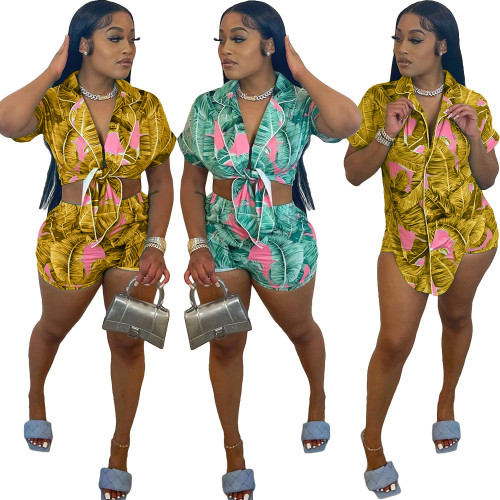 Fashion Printed Irregular Strap Short Sleeve Two Piece Set