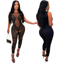 Sexy Sleeveless Round Neck Perspective jumpsuit Polyester Mesh Spliced Beaded Slim Fit Pants