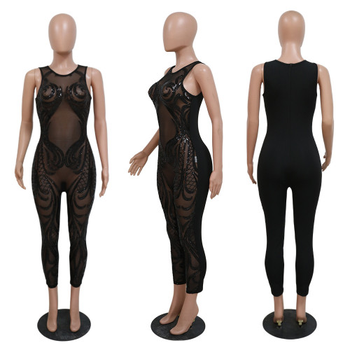 Sexy Sleeveless Round Neck Perspective jumpsuit Polyester Mesh Spliced Beaded Slim Fit Pants