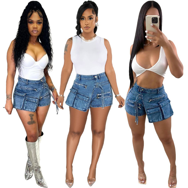 Elastic denim cargo pants zipper multi bag denim shorts