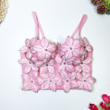 Stereoscopic flower inlaid diamond shaped bra with fishbone top and short fragrant suspender vest