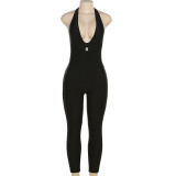 Women's sexy backless tight neck hanging high waist sports jumpsuit