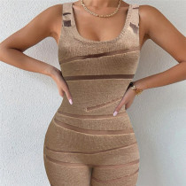 Sexy Mesh Spliced Knitted Solid High Waist Tight Casual jumpsuit