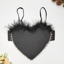 Sexy Spicy Girl Heart shaped Belly Pocket Small Tank Top Large Open Back Beaded Bra Loose Strap Spliced Feather Wrap Chest