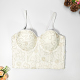 Vintage Maze Curve Embroidered Fish Bone Strap Slim Fit Open Back Elegant Shaped Top with Steel Ring Organza Bra