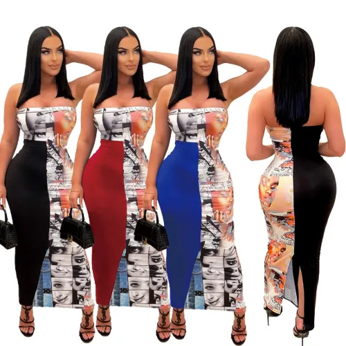 Printed Spliced Split Wrap Chest Dress