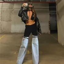 Design sense patchwork jeans with high waist, straight tube, wide legs, high-end personalized and unique pants