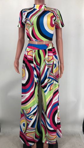 Fashion printed wide leg pants short sleeved two-piece set