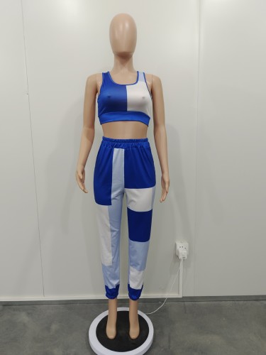 Fashion casual color contrast women's suspender top and pants set