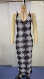 Sleeveless V-neck sexy suspender knit plaid long dress