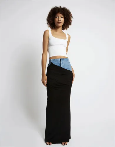 Long denim skirt with black pleated stitching design