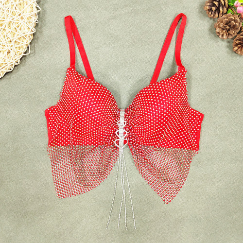 Sexy and fun lingerie, fishing net and diamond inlaid stage bra, colorful butterfly bra, love diamond pendant, tassel strap
