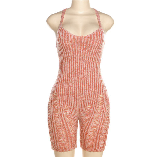 Fashionable contrast knit low neckline pierced high waisted tight jumpsuit