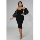 Women's tight fitting mesh pleated long sleeved solid color dress