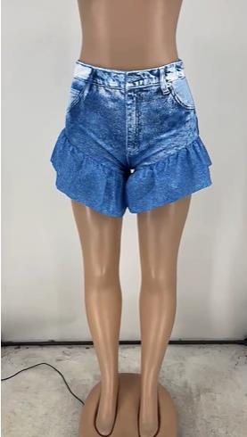 Women's denim printed ruffled shorts