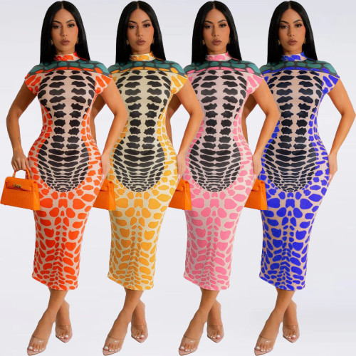Personalized positioning printed high neck dress with tight and sexy buttocks wrapped skirt