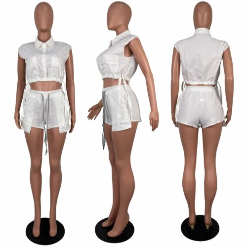 Top strap+pants with side slit shorts set of two pieces