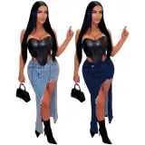 Personalized denim wash split skirt