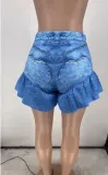 Women's denim printed ruffled shorts