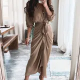 Sexy printed pleated irregular tie up dress